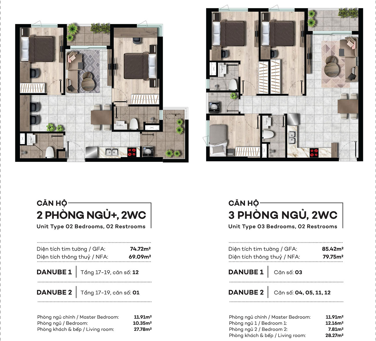 Thiết kế căn hộ 2 và 3PN dự án The Gió Riverside Bình Dương.